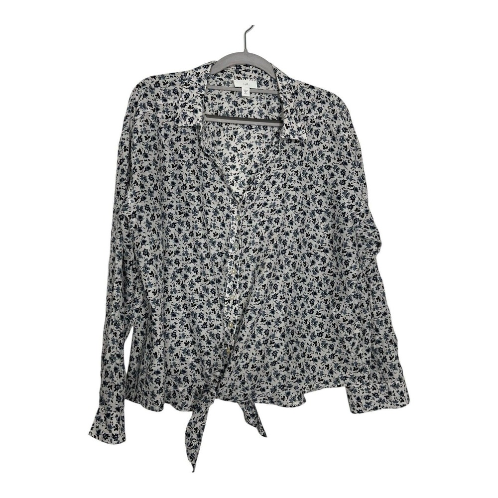 J Jill Womens Top Size XL Petite Floral Button Down Tie Silk Cotton Blend‎ Light